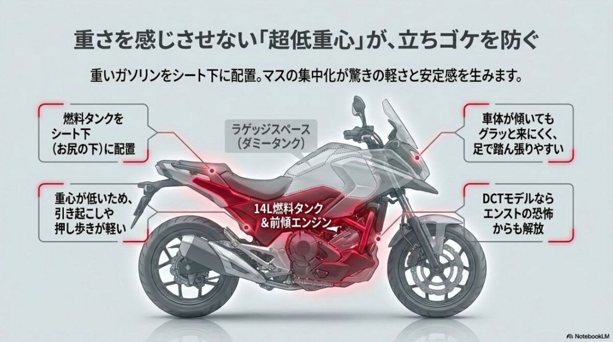 NC750Xの立ちゴケを防ぐ超低重心設計。シート下タンクと前傾エンジンの配置図
