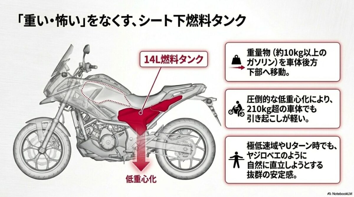 NC750Xのシート下14L燃料タンク配置による低重心化と、引き起こしやUターン時の安定感を示す車体構造の図解