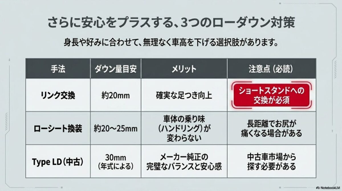 NC750Xの安心をプラスする3つのローダウン対策。リンク交換、ローシート換装、Type LD（中古）のメリットと注意点