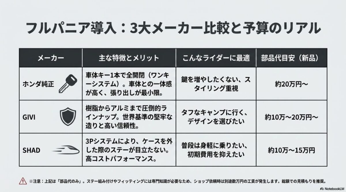 ホンダ純正、GIVI、SHADのパニアケースの特徴と部品代の比較表