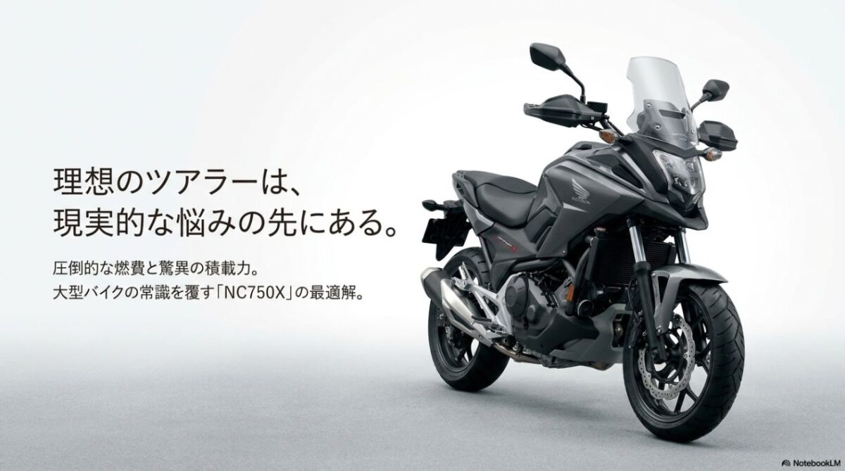 ホンダNC750Xの車体全体画像と大型バイクの常識を覆す最適解というキャッチコピー