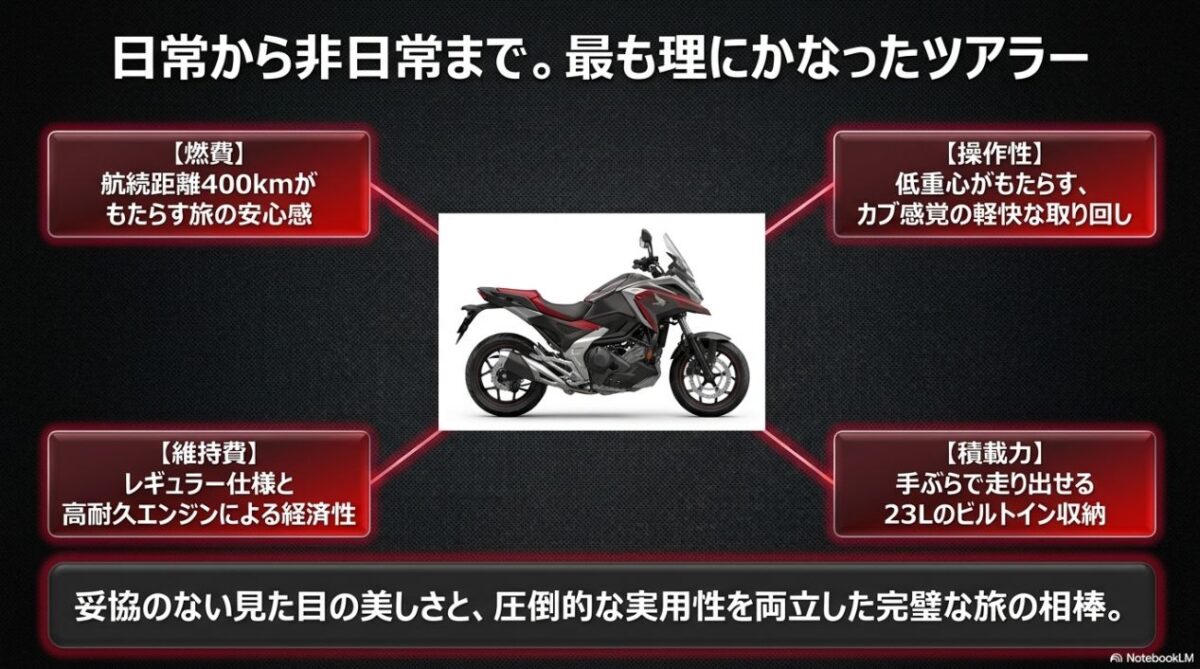 NC750Xの燃費と航続距離、低重心による操作性、レギュラー仕様の高耐久エンジンによる維持費、23L収納の積載力という4つの魅力をまとめた図解