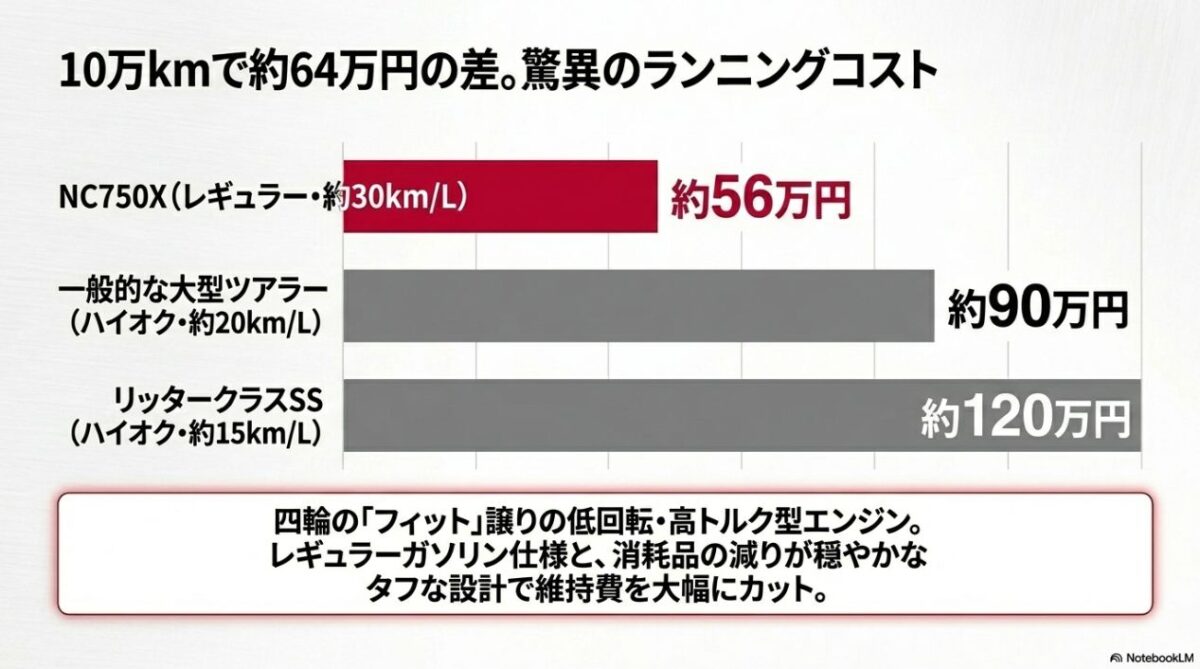 NC750Xと一般的な大型ツアラー、リッタークラスSSとの10万キロ走行時の燃料費シミュレーション比較と維持費の差額