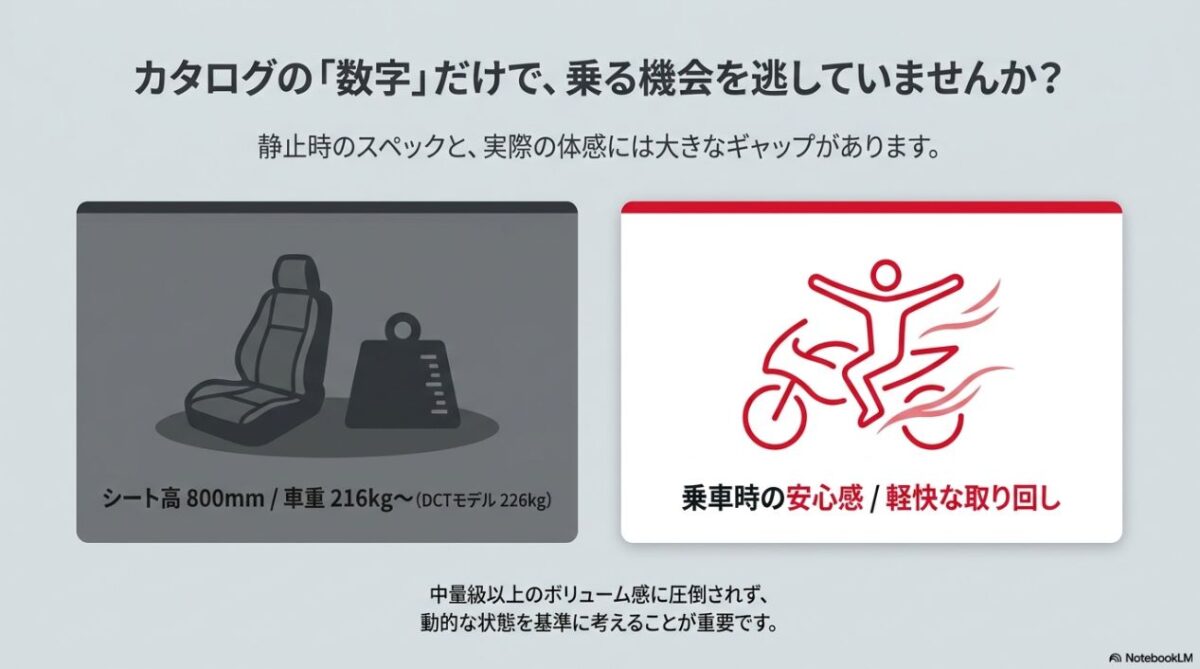 カタログの数字と実際の体感にはギャップがある。シート高800mm・車重216kgと乗車時の安心感の比較
