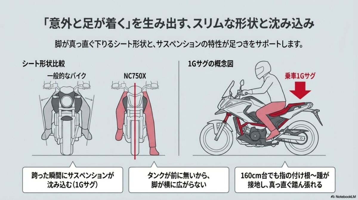 意外と足が着く理由。脚が真っ直ぐ下りるスリムなシート形状と乗車1Gサグの図解
