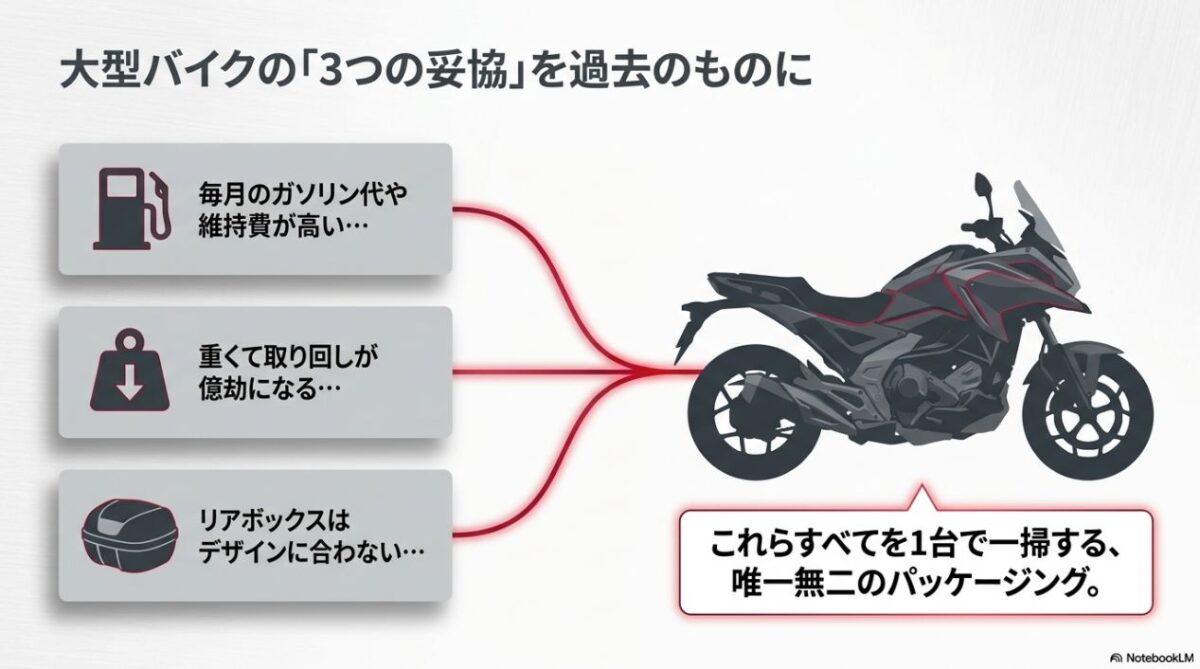 大型バイクの維持費の高さ、取り回しの重さ、リアボックスのデザインという3つの妥協点を一掃するNC750Xのパッケージング