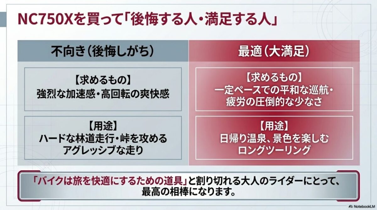 NC750Xの特性から判断する、購入に向いている人と向いていない人の特徴をまとめた比較表