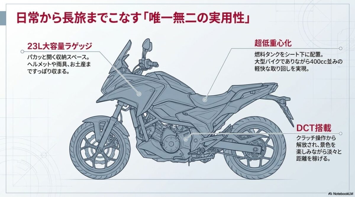 NC750X独自の23Lラゲッジスペース、低重心による取り回しの良さ、DCTによる疲労軽減を説明する構造図