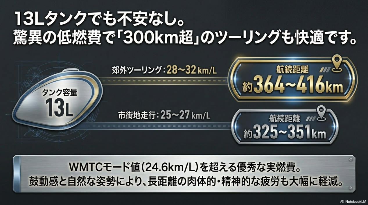 13Lタンクでも郊外ツーリングで28〜32km/Lの低燃費を発揮し、約364〜416kmの航続距離を実現することを示すスライド