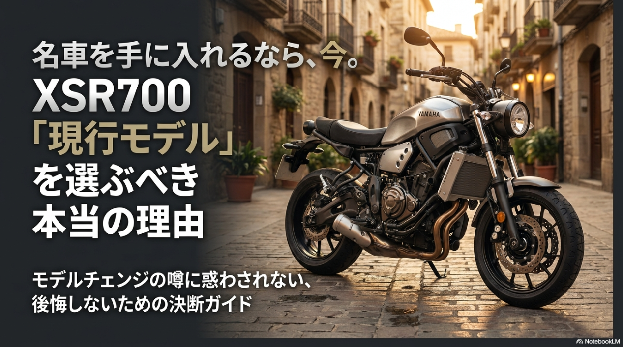 モデルチェンジの噂に惑わされないための決断ガイドとして、XSR700の現行モデルを選ぶべき理由を示した表紙スライド