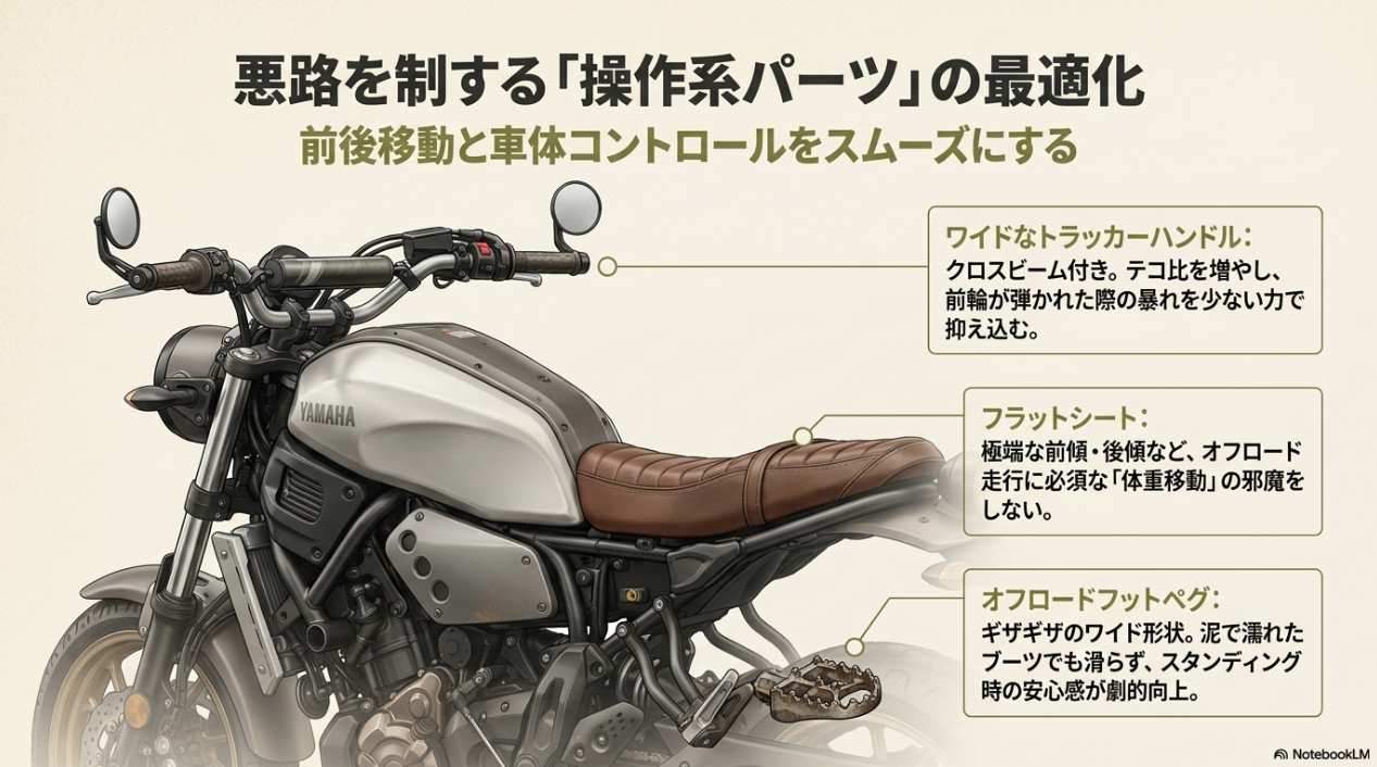前後移動と車体コントロールをスムーズにする操作系パーツの最適化。ワイドトラッカーハンドル、フラットシート、オフロードフットペグ