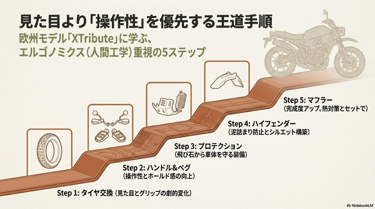 XSR700をスクランブラー化する5つの王道手順。タイヤ、ハンドル＆ペグ、プロテクション、ハイフェンダー、マフラーの順に最適化