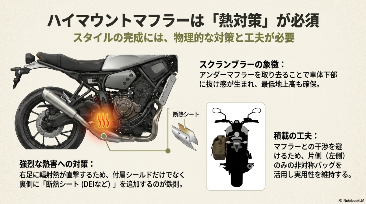 ハイマウントマフラーの熱対策と積載の工夫。断熱シートの追加と、干渉を避ける非対称バッグの活用