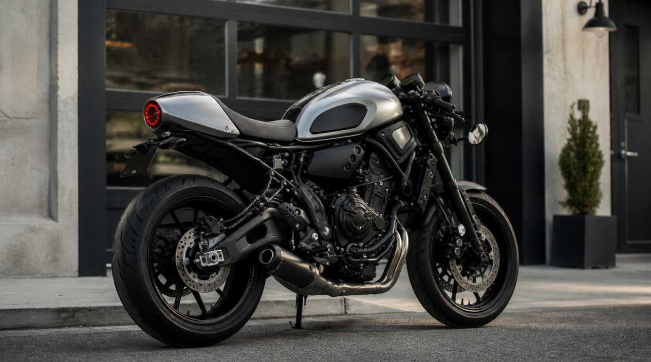 ミニマルな都市型ガレージの前に停車した、ヤマハXSR700ベースのカフェレーサーカスタムを後方斜めから捉えた写真風ビジュアル。丸型ヘッドライト、露出したフレーム、レトロ調タンクの面影を残しつつ、低いクリップオンハンドル、バーエンドミラー、シートカウル付きのロープロファイルシートが装着され、前傾した洗練されたスタイルが際立っている。