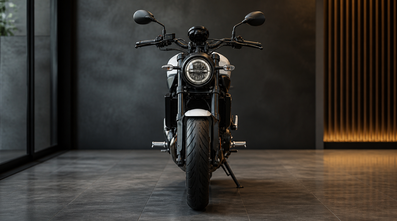 プレミアム感のあるモダンなショールームに展示された、現行ヤマハXSR700風のバイクを正面からほぼ対称構図で捉えた写真風ビジュアル。丸型LEDヘッドライト、レトロ調の燃料タンク、露出したスチールフレーム、フラットシート、コンパクトなテールが際立ち、落ち着いた照明が完成度の高いモダンヘリテージデザインを引き立てている。