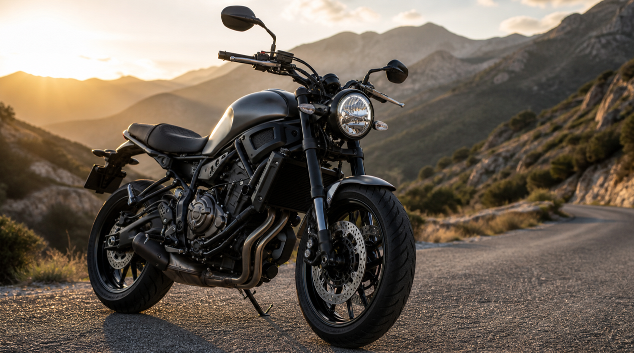 ゴールデンアワーの山道に停車した、ヤマハXSR700風のレトロモダンな黒いバイクを低い正面斜めアングルで捉えた写真風ビジュアル。背景には曲がりくねった山岳道路と夕日に照らされた山並みが広がり、バイクが主役としてシャープに写っている。