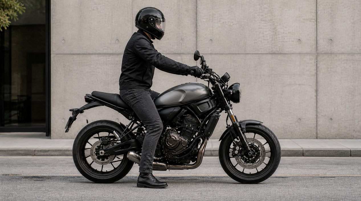都市のフラットな道路でヤマハXSR700風の黒いレトロモダンなバイクにライダーがまたがり、横から見た写真風ビジュアル。ライダーは自然な直立姿勢で片足を地面につき、もう一方の足をステップ付近に置いており、シート高や足つき、車体のスリムさがわかりやすく表現されている。