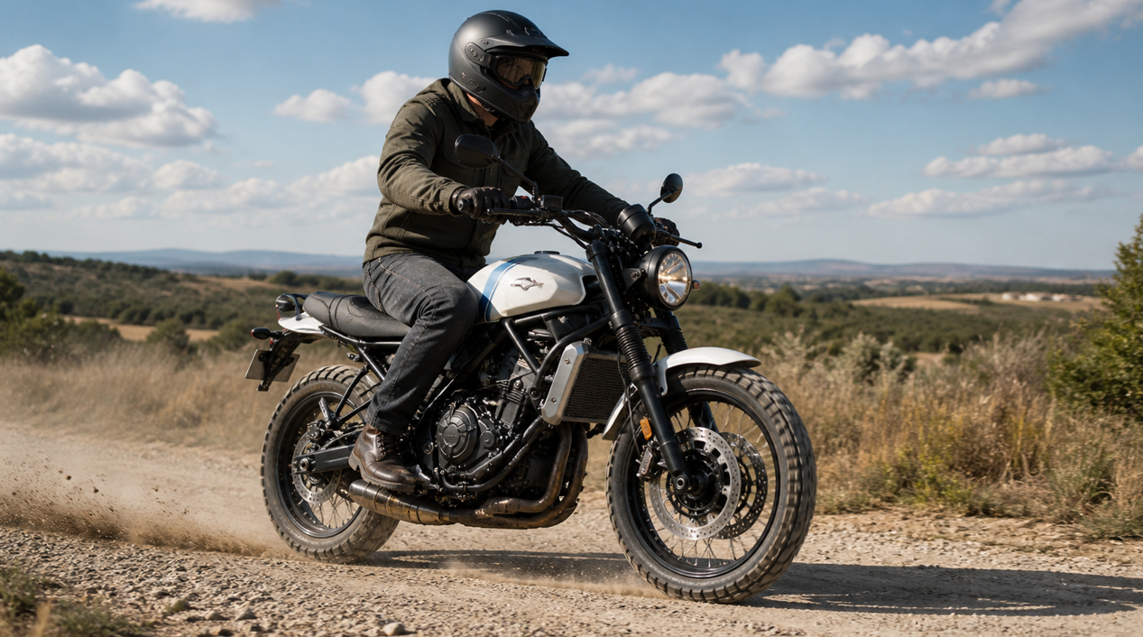 明るい自然光の下、未舗装の砂利道をゆっくり走るヤマハXSR700ベースのスクランブラーカスタムを捉えた写真風ビジュアル。丸型ヘッドライト、露出したフレーム、フラットシート、デュアルパーパスタイヤ、ラジエーターガードなど実用的な装備が見え、ライダー1人が乗った状態で軽く土ぼこりを上げながら田園風景の中を走っている。