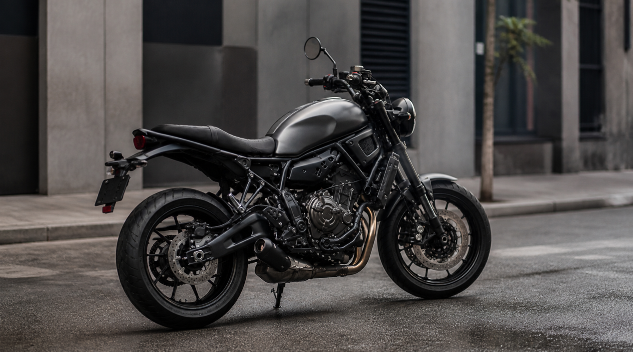 静かな都市の脇道に停車した、ヤマハXSR700風の黒いレトロモダンなバイクを後方斜めから捉えた写真風ビジュアル。コンパクトなテール、フラットシート、丸型ヘッドライト、露出したフレーム、エンジンや排気系の機械的な造形が見え、曇り空の柔らかな光と落ち着いた街並みが控えめで個性的な雰囲気を引き立てている。