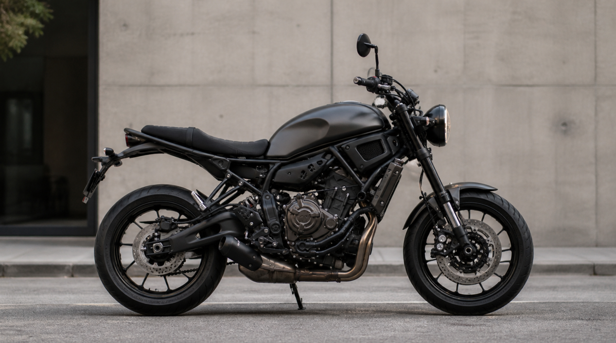 静かな都市の通りに停車した、ヤマハXSR700風の黒いレトロモダンなバイクを左側面から捉えた写真風ビジュアル。丸型ヘッドライト、フラットシート、露出したフレーム、コンパクトなテール、エンジンやホイールの造形がわかりやすく見え、背景にはシンプルなコンクリート壁が softly ぼかされている。