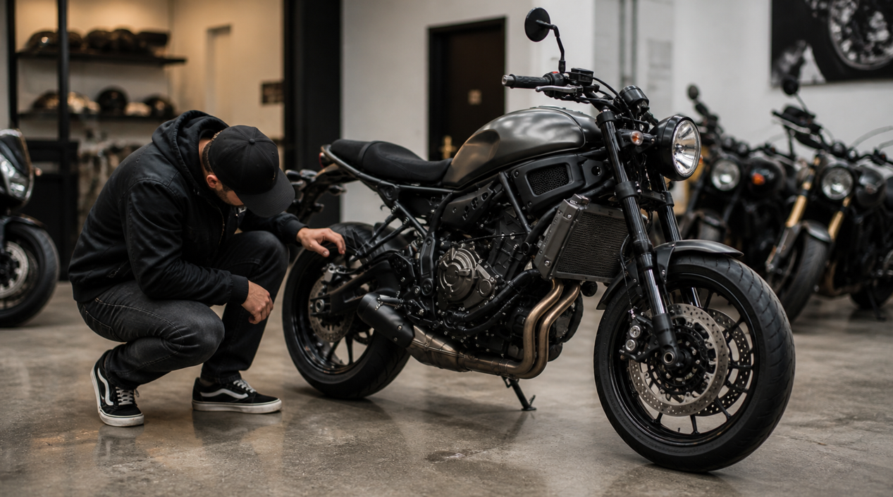 バイクショップの店内で、ヤマハXSR700風の黒いレトロモダンなバイクを前方斜めから捉えた写真風ビジュアル。丸型ヘッドライト、露出したスチールフレーム、フラットシート、並列2気筒エンジンが見え、しゃがんだ人物がタイヤやチェーン、フレームまわりを確認しながら中古車として点検している様子が表現されている。