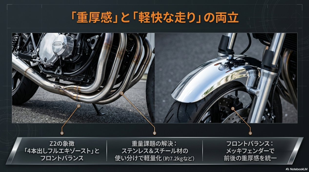 重厚感と軽快な走りを両立する4本出しマフラーとフロントのメッキフェンダー