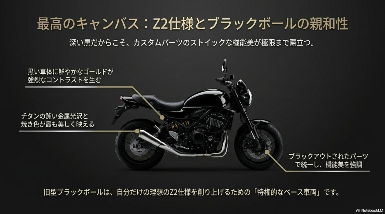 深い黒の車体にゴールドやチタンのパーツが映えるZ900RSブラックボールのZ2仕様カスタム