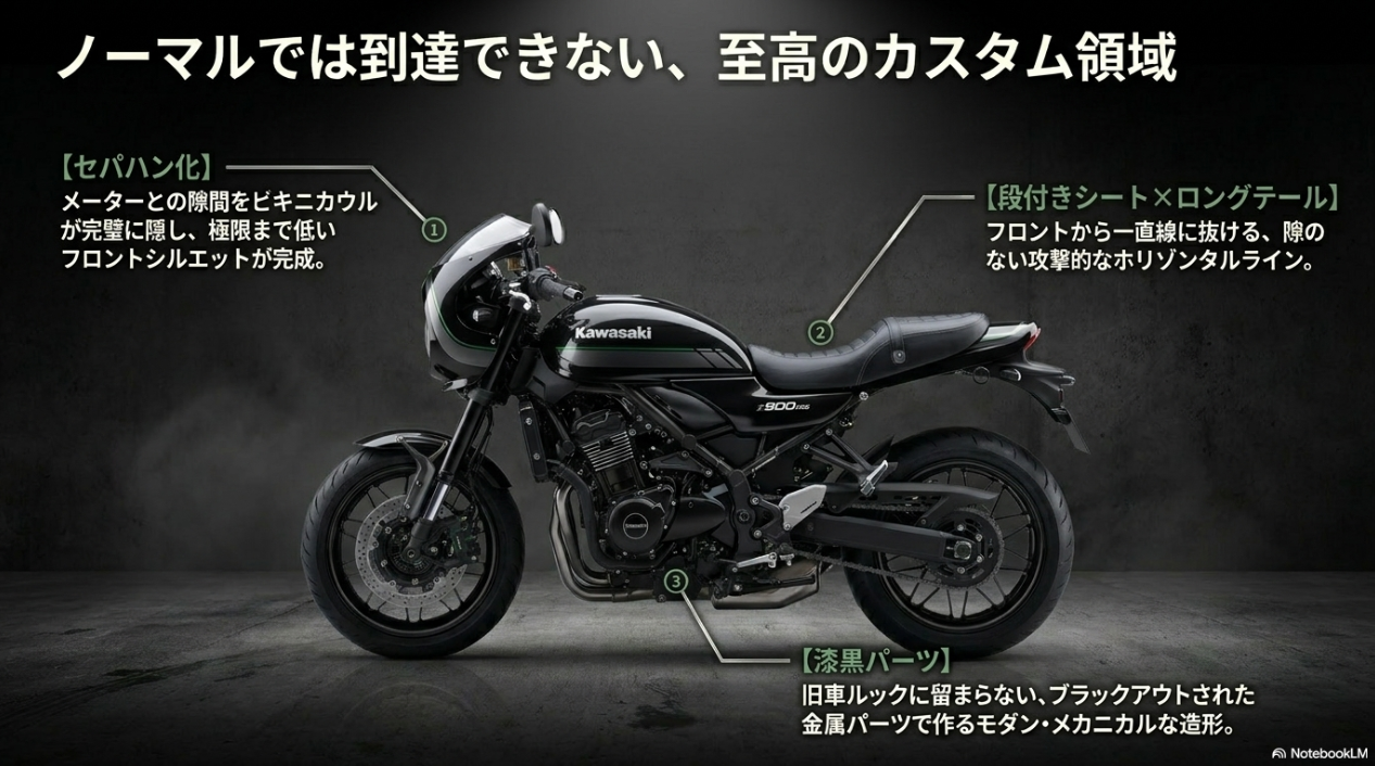 セパハン化、段付きシート、ロングテール、漆黒パーツなど、Z900RS CAFE専用のカスタムポイントの解説