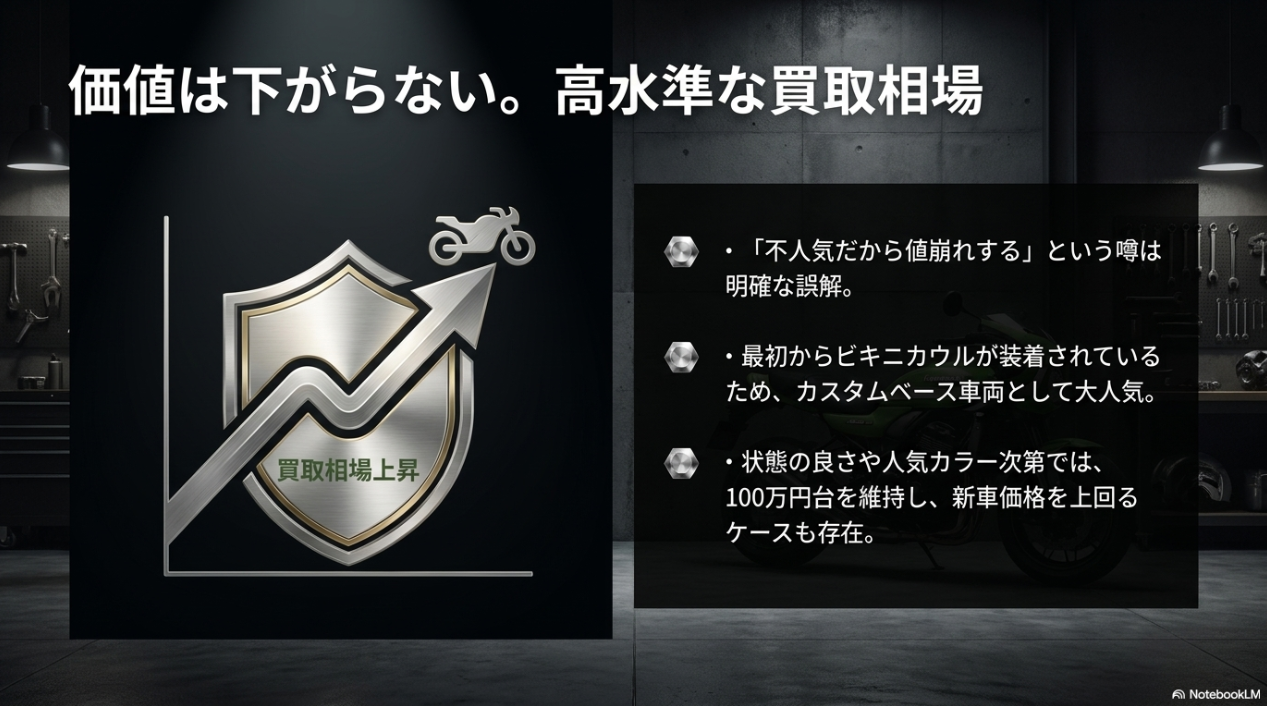 Z900RS CAFEの買取相場が上昇傾向にあり、高水準を維持していることを示すグラフイメージ