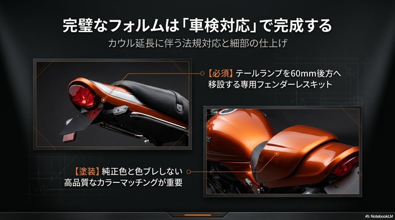 テールランプを後方移設する専用フェンダーレスキットと純正色に合わせた高品質なカラーマッチング塗装