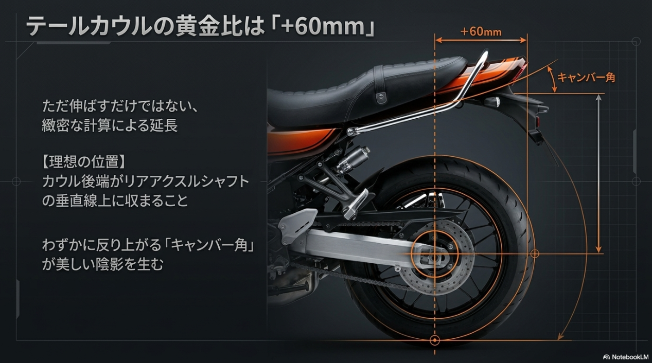 テールカウルの黄金比+60mmと反り上がるキャンバー角の解説図