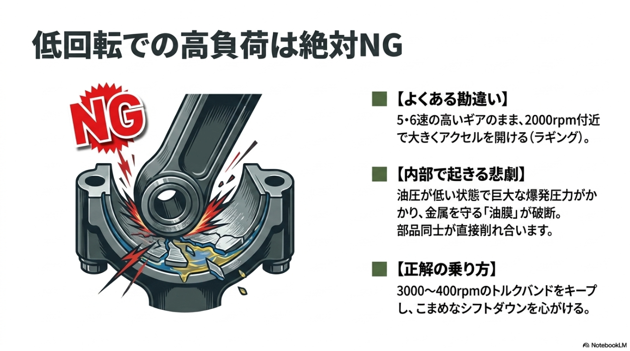 低回転で高負荷（ラギング）をかけると油圧が低い状態で爆発圧力がかかり、油膜が破断して部品同士が直接削れ合うNG例のイラスト