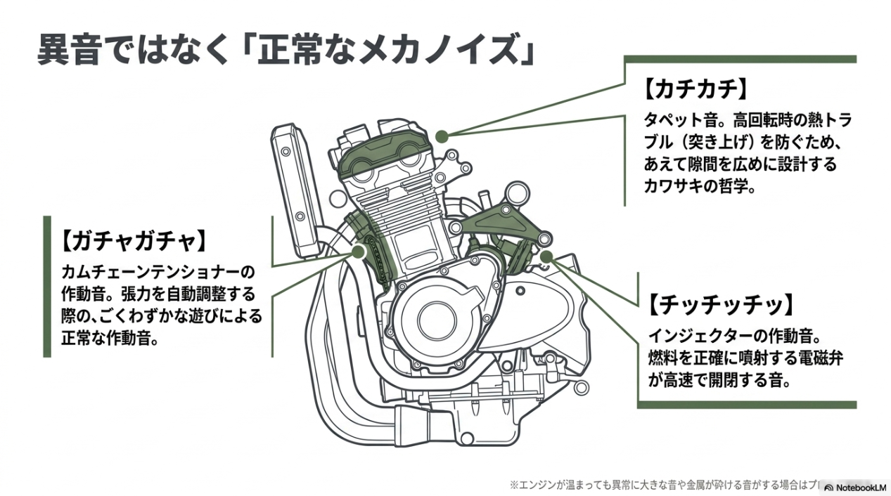カチカチ（タペット音）、ガチャガチャ（カムチェーン音）、チッチッチッ（インジェクター音）の正常なメカノイズの解説