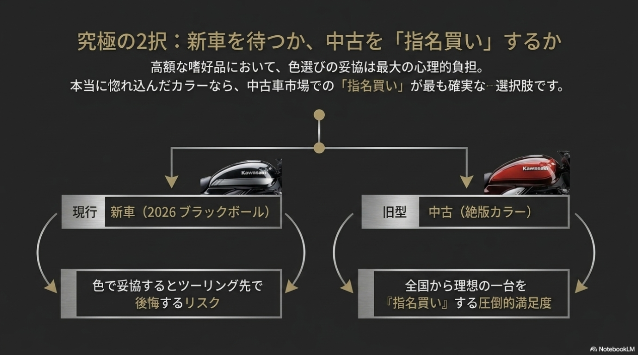 現行新車の2026ブラックボールと旧型中古の絶版カラーを比較する究極の2択