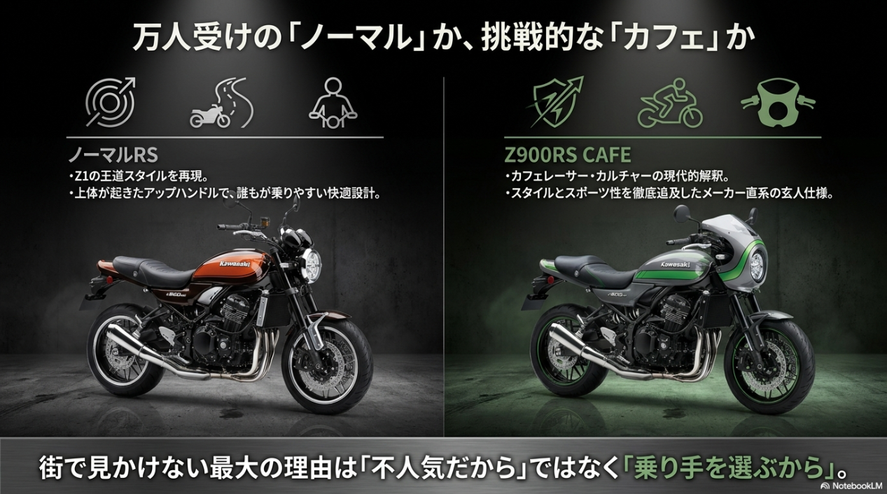 王道スタイルのノーマルRSと、カフェレーサー仕様のZ900RS CAFEのコンセプトおよびスタイルの比較