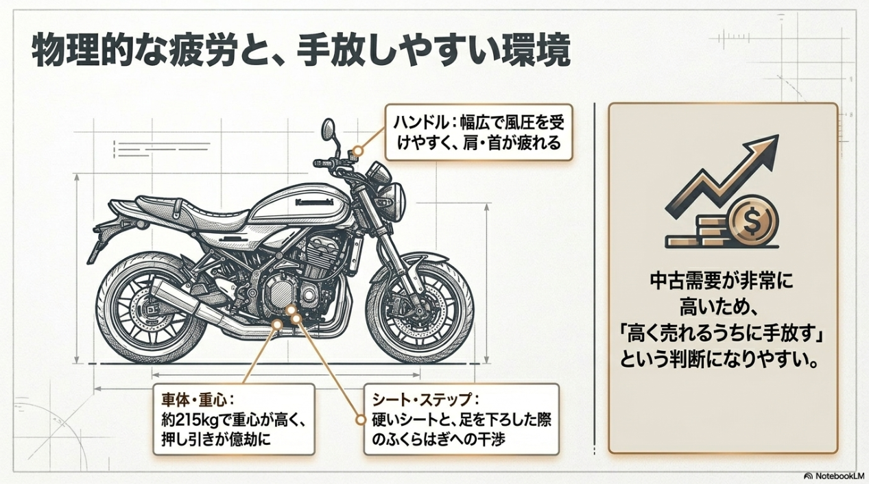 幅広なハンドル、高く重い車体、硬いシートとステップの干渉といった物理的な疲労と、中古需要が高く高く売れるうちに手放すという環境が売却を後押しする