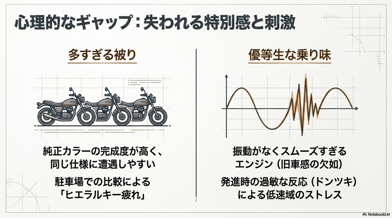 Z900RSの心理的ギャップとして、多すぎる被りによるヒエラルキー疲れと、優等生な乗り味やドンツキによる低速域のストレスが挙げられる