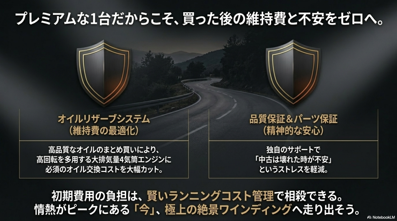 オイルリザーブシステムによる維持費の最適化と、品質保証・パーツ保証による安心感の解説