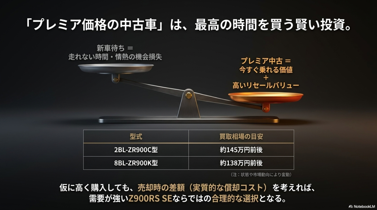 新車待ちの機会損失とプレミア中古の価値を比較する天秤と、Z900RS SEの買取相場目安