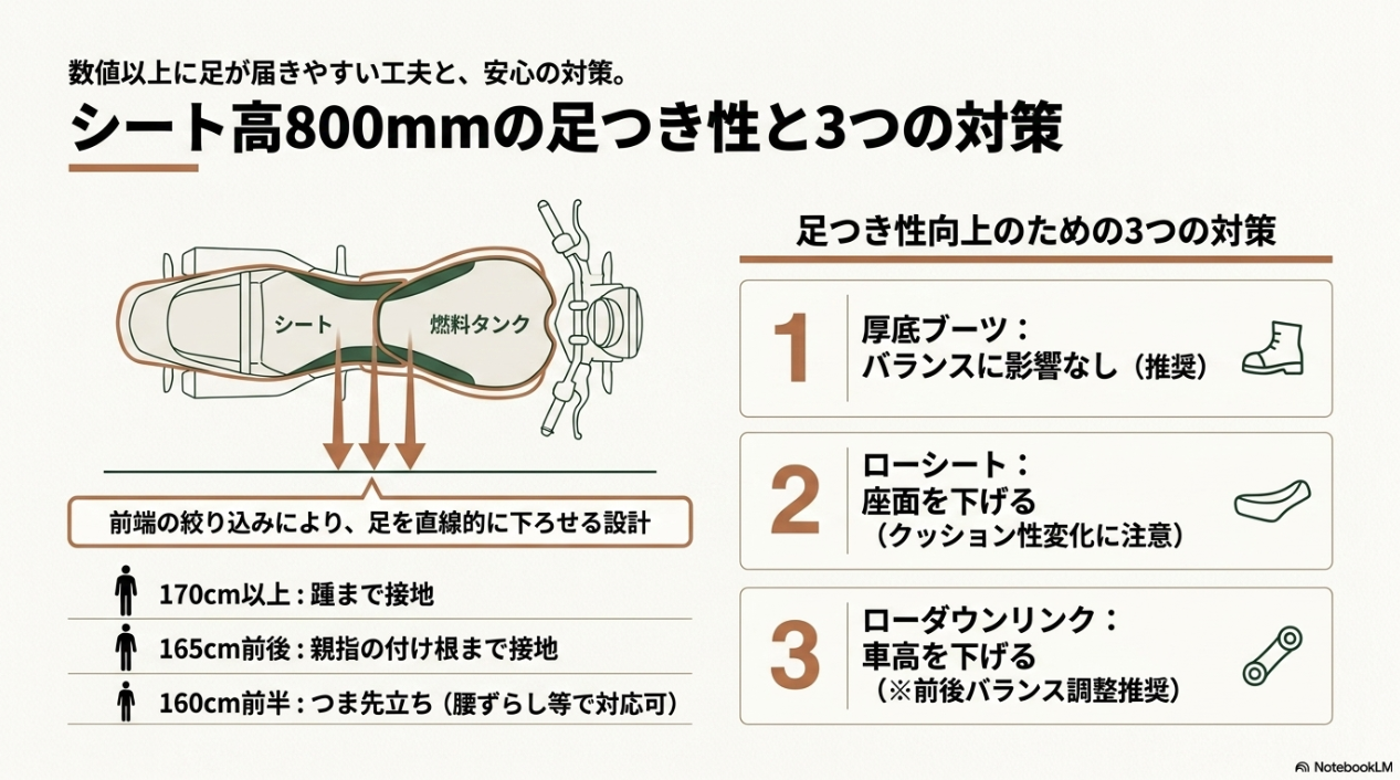 Z900RSの足つき性の目安と改善対策 Z900RSのシート高800mmに対する身長別の足つき性の目安と、厚底ブーツ・ローシート・ローダウンリンクを活用した3つの足つき改善対策
