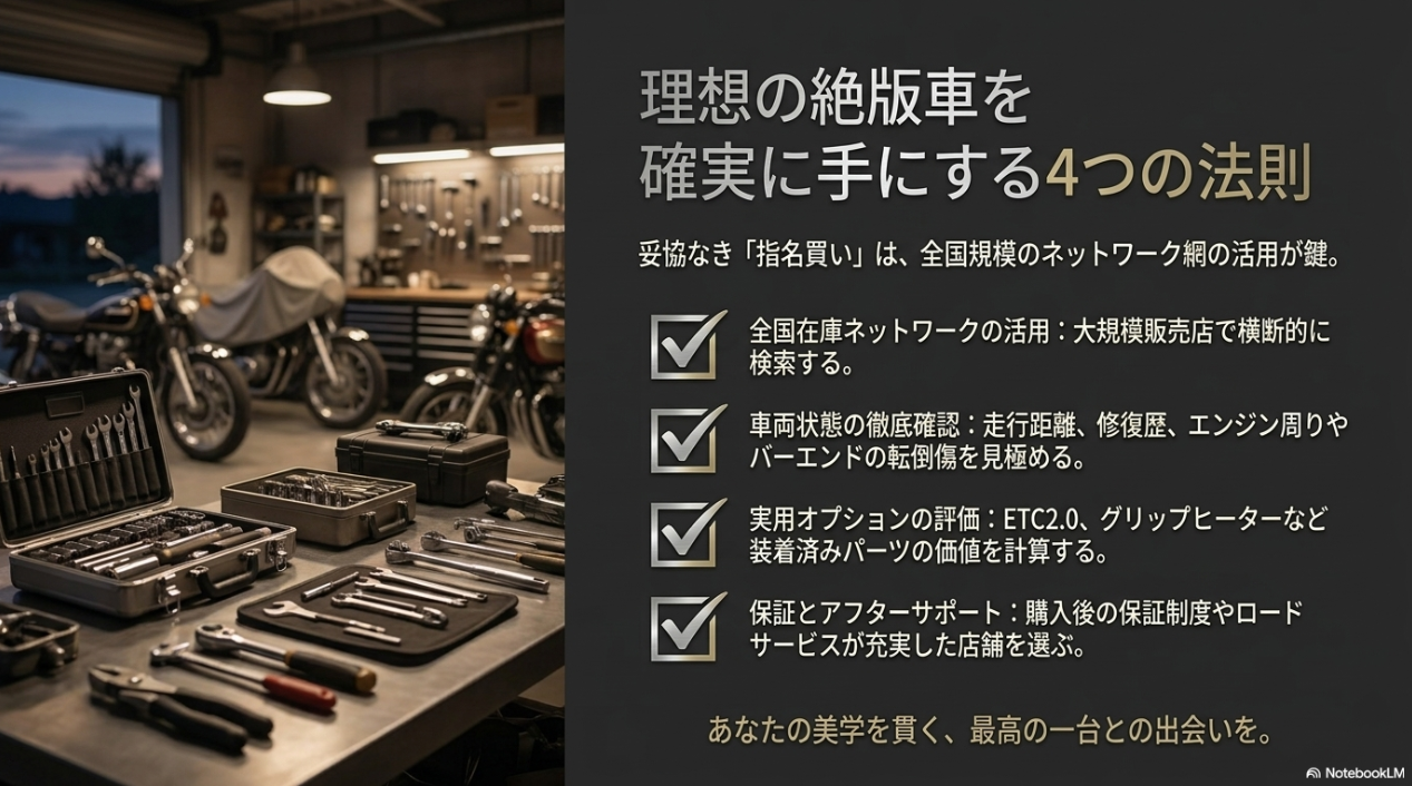 理想の絶版車を手にするための全国在庫検索、車両状態確認、オプション評価、保証サポートの4つの法則