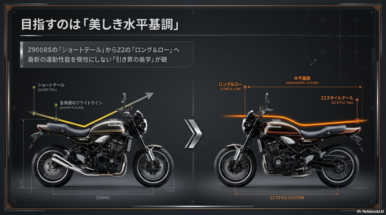 Z900RSのショートテールとZ2仕様のロング＆ローのシルエット比較