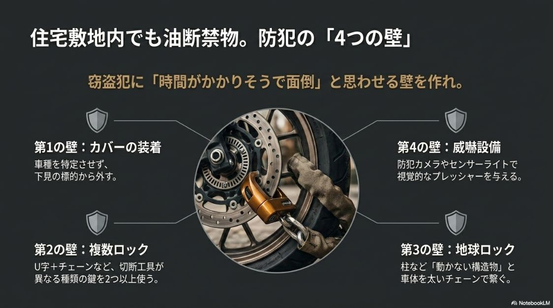 住宅敷地内でも必須な防犯の4つの壁 カバーの装着、複数ロック、地球ロック、威嚇設備からなるバイク防犯対策の4つの壁