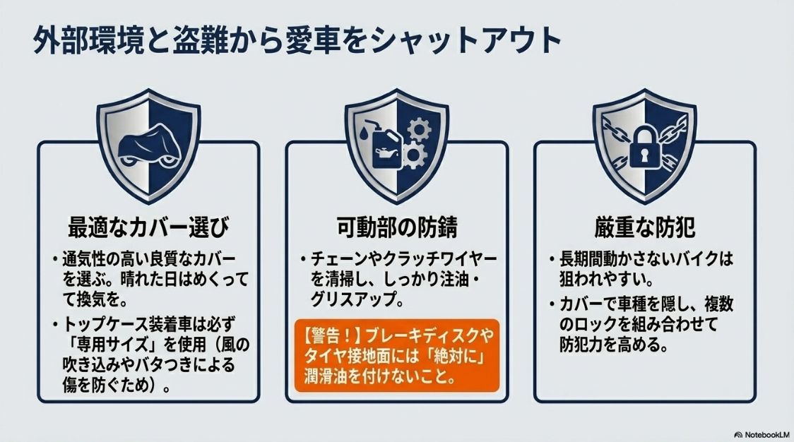 最適なカバー選び、可動部の防錆、カバーと複数ロックを組み合わせた厳重な防犯対策の解説