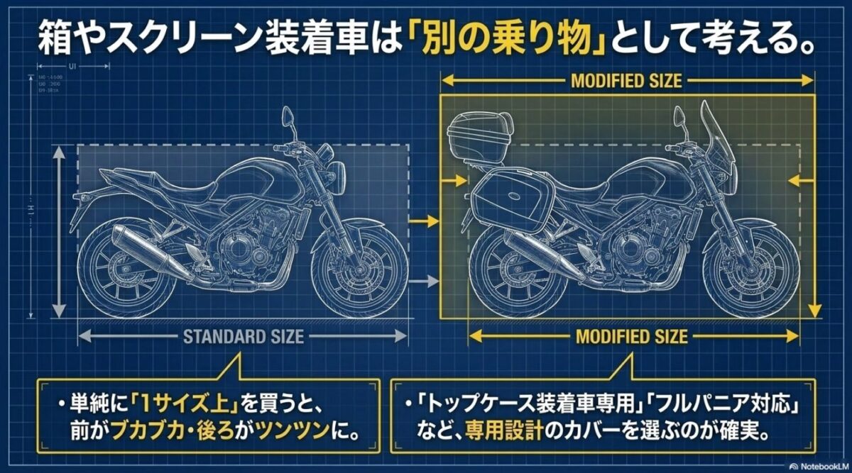 トップケースやサイドパニアを装着したバイクは標準サイズから外れるため、単純に1サイズ上を買うのではなく専用設計のカバーを選ぶべきという図解