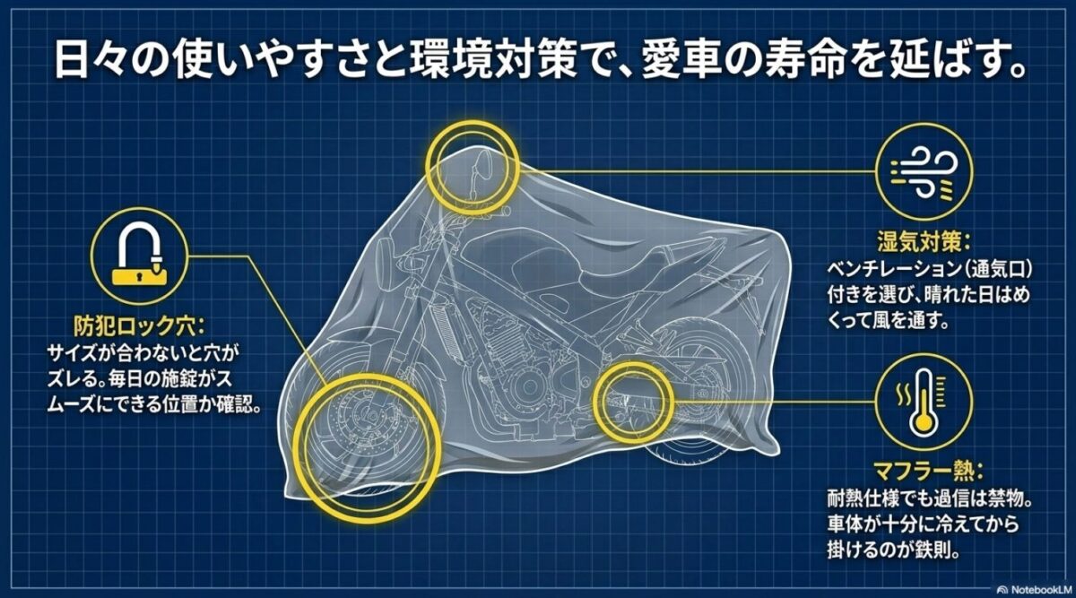 防犯ロック穴のズレ防止、ベンチレーションによる湿気対策、マフラー熱への注意など、実用性と環境対策で愛車の寿命を延ばすポイント