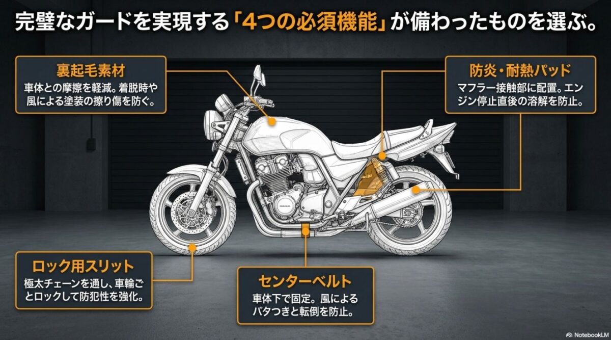 バイクカバーに必要な裏起毛素材、防炎・耐熱パッド、ロック用スリット、センターベルトの4つの機能