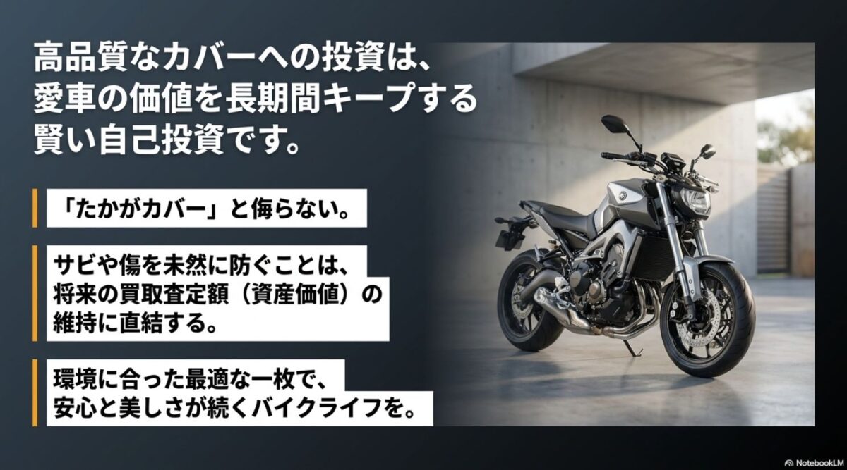高品質なバイクカバーへの投資がサビや傷を防ぎ愛車の資産価値維持に直結する理由
