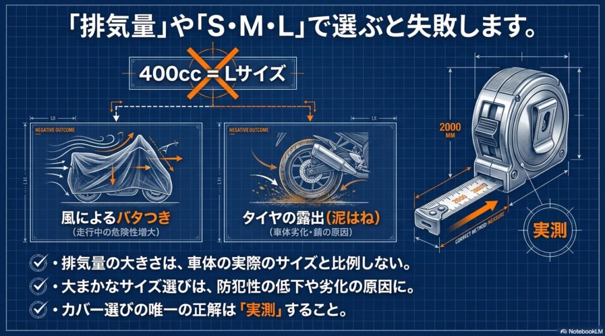 排気量やS・M・Lサイズ表記で選ぶと、泥はねや風によるバタつきで失敗するため、メジャーでの実測が唯一の正解であることを示す図解