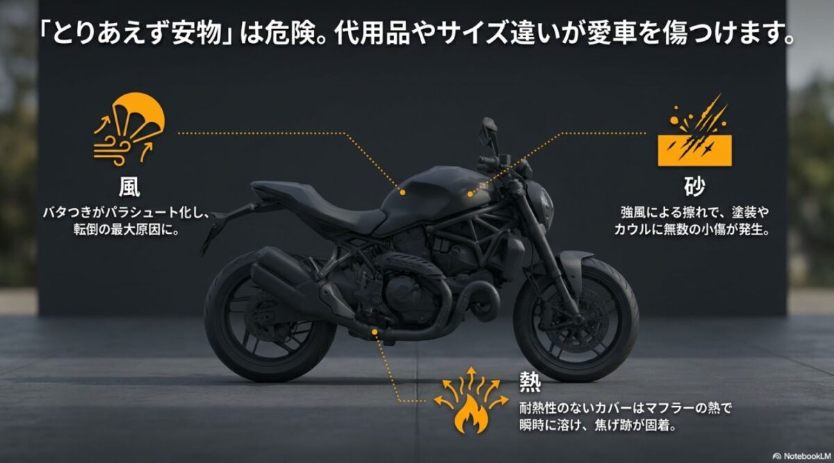 安物バイクカバーの危険性として風による転倒、砂による小傷、熱による溶解を図解
